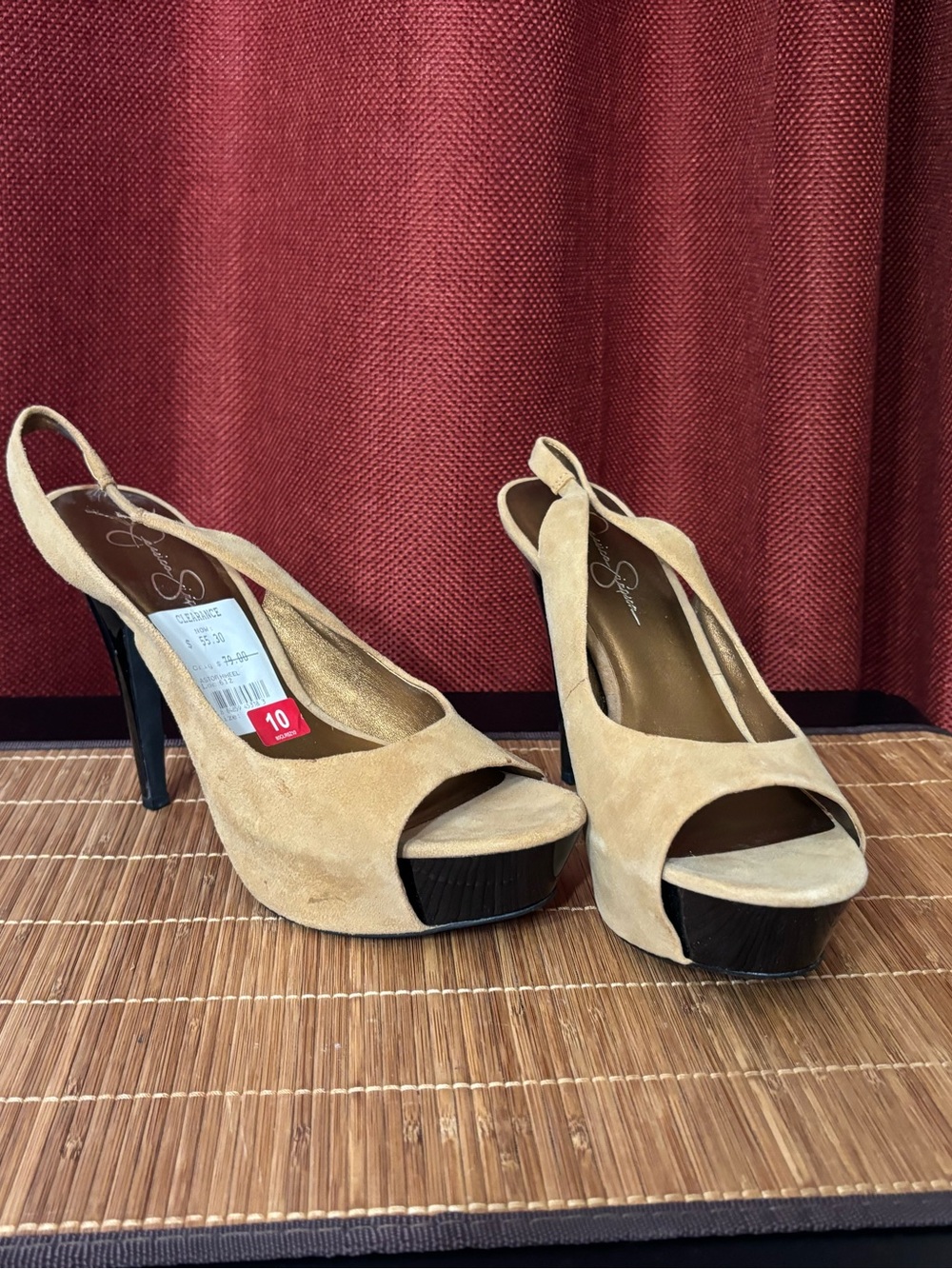 Jessica Simpson Tan Suede Peep-Toe Slingback Heels
